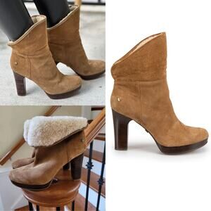 UGG US 6.5 Dandylion Chestnut Brown Leather Suede High Heel Ankle Boots EU37.5